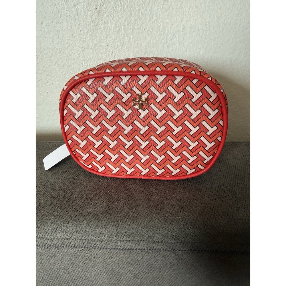 TORY BURCH Red Chevron Oval Makeup Cosmetics Bag Pouch Case 6x4x3.5"